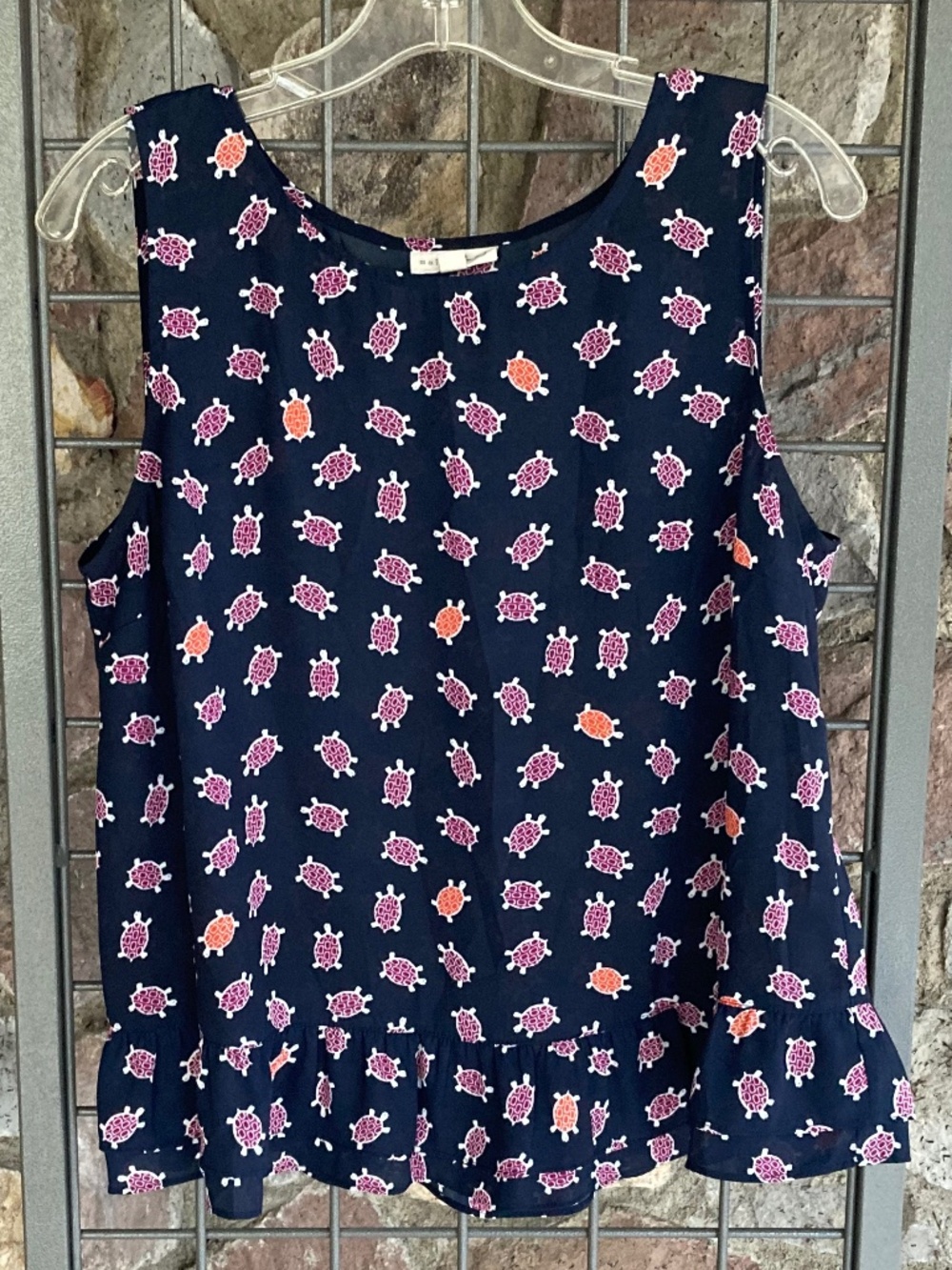Maison Jules Ruffle Hem Tank Top Turtle Print Navy Size Large